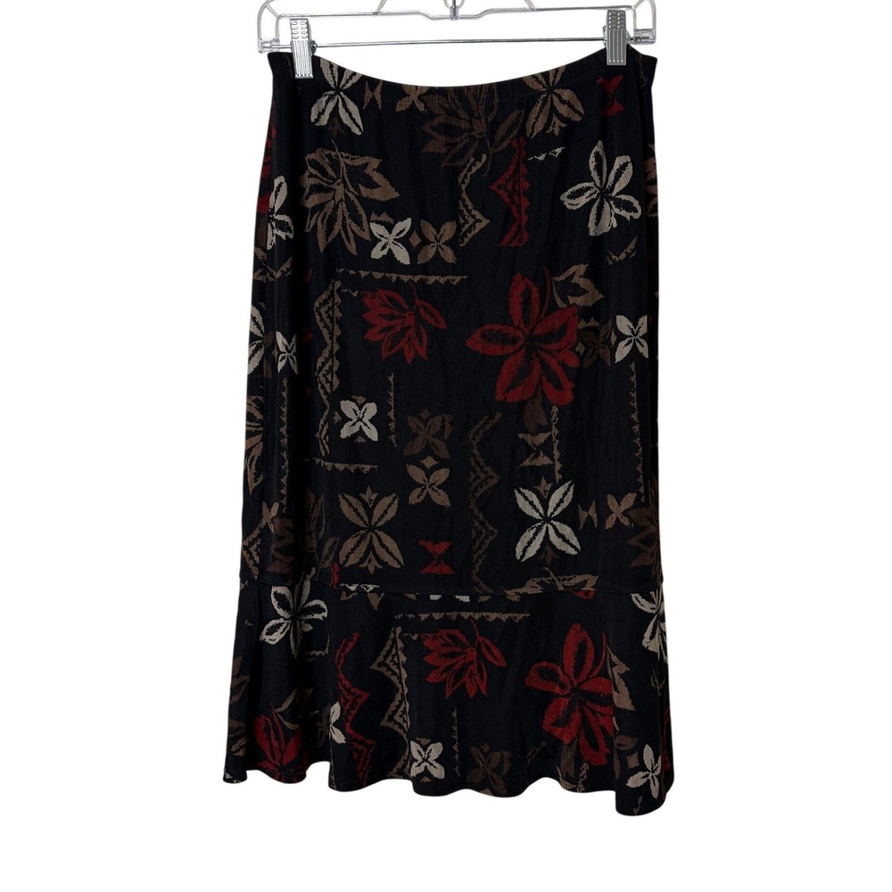 Chicos Travelers Floral Tribal Print Midi Skirt Black Red Tan Size 1 Elastic